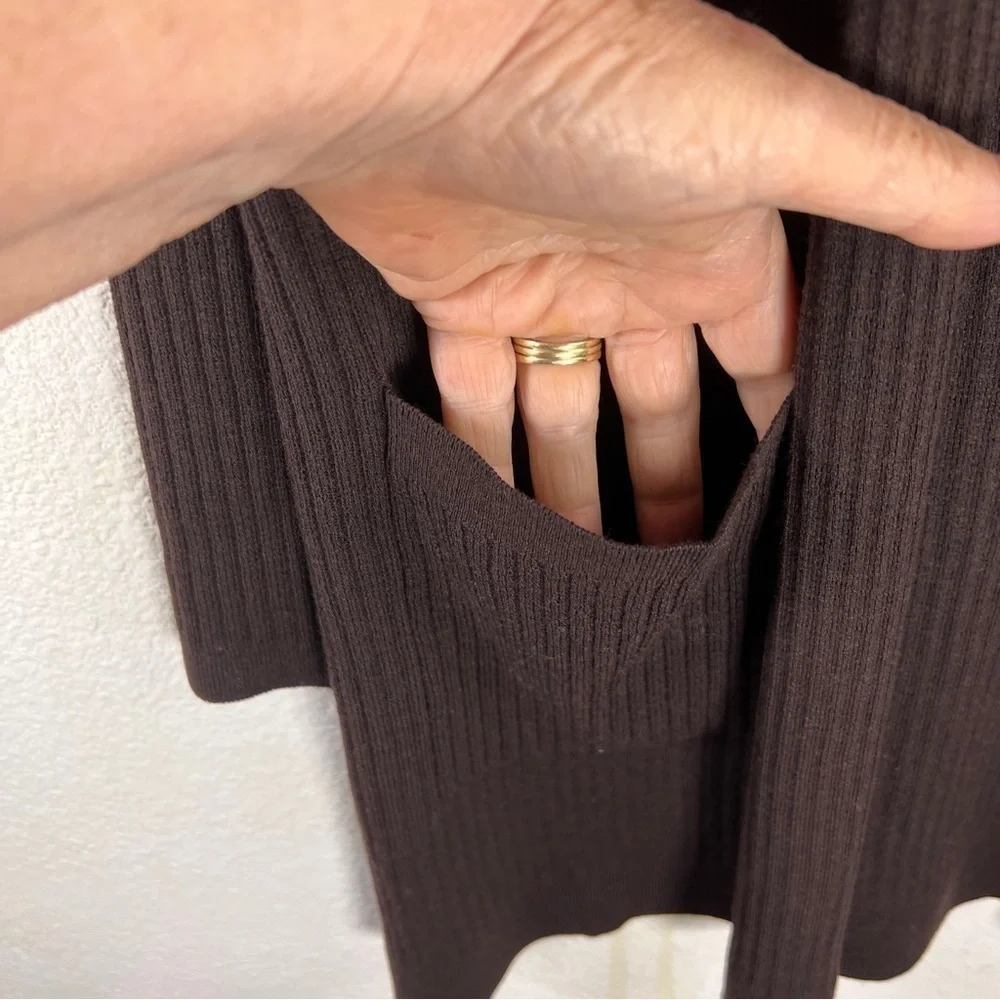 EILEEN FISHER Dark Brown ribbed duster sweater. Long sleeves, two pockets. SP - Picture 2 of 5